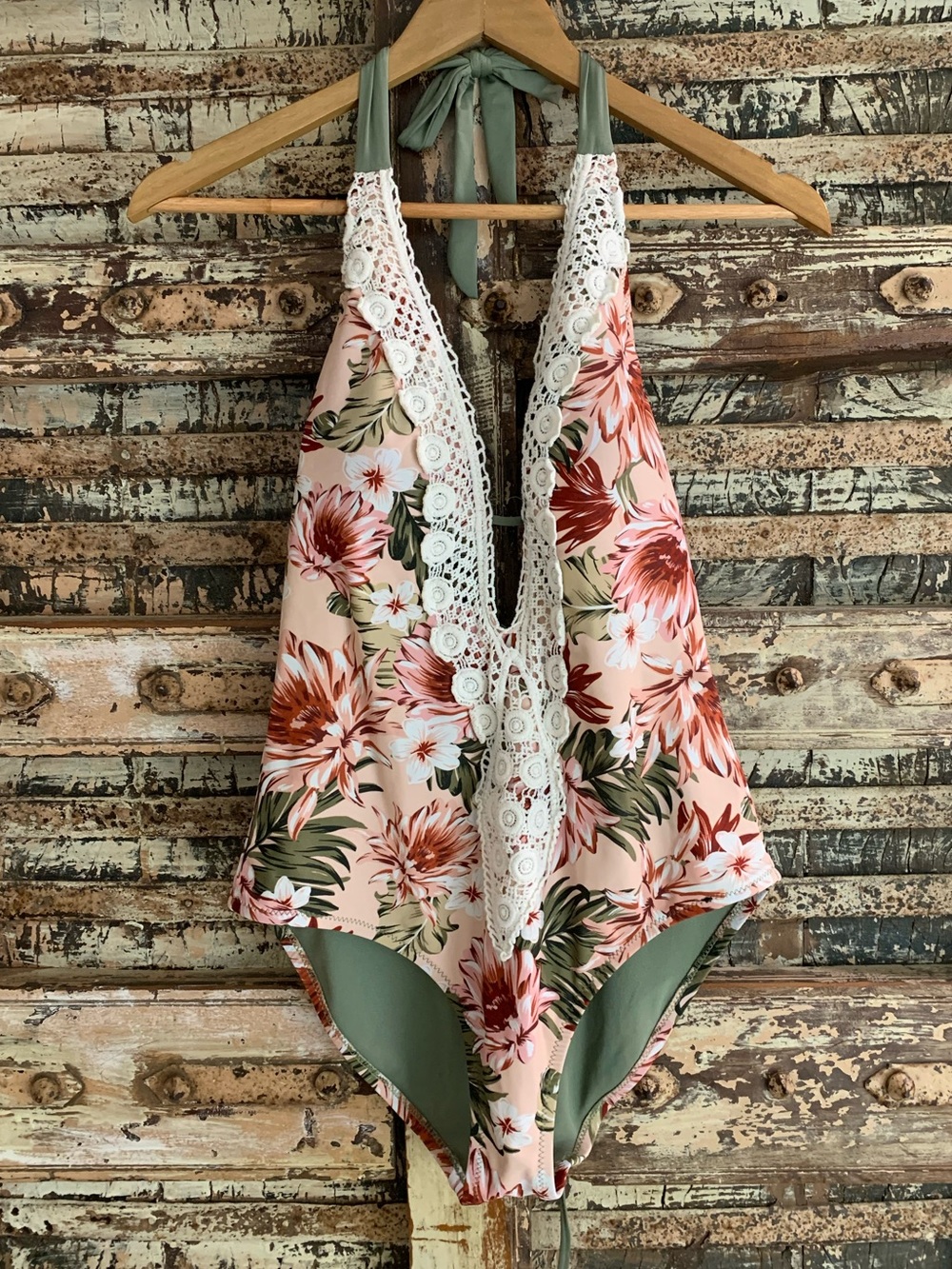 Kona Sol Pink & Olive Floral One-Piece Halter Boho Crochet Trim Swimsuit, M